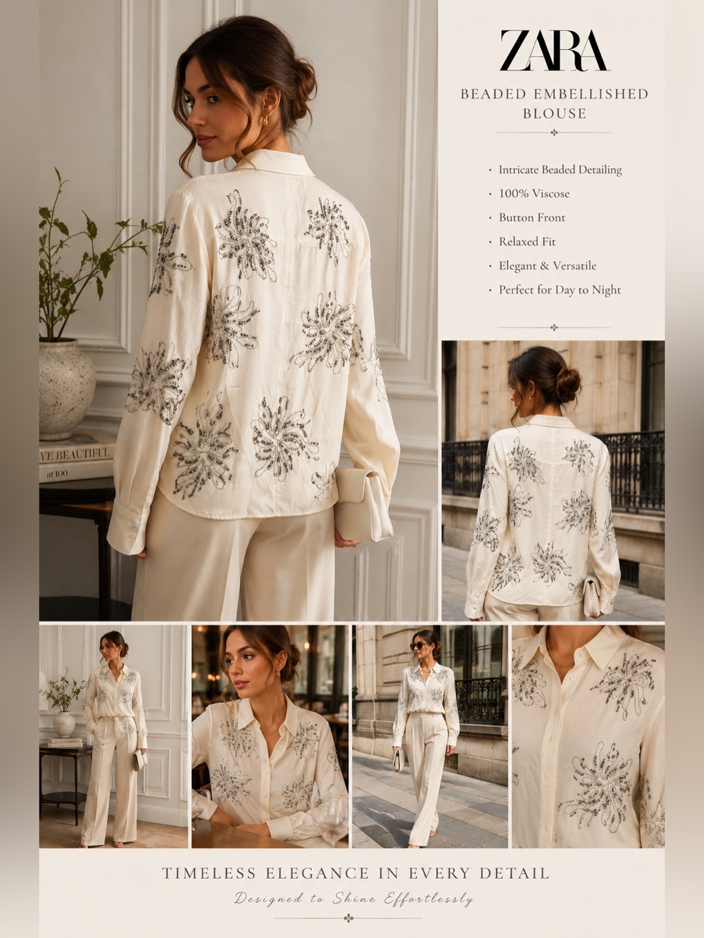 Zara Ivory Beaded Embellished Viscose Blouse Size S